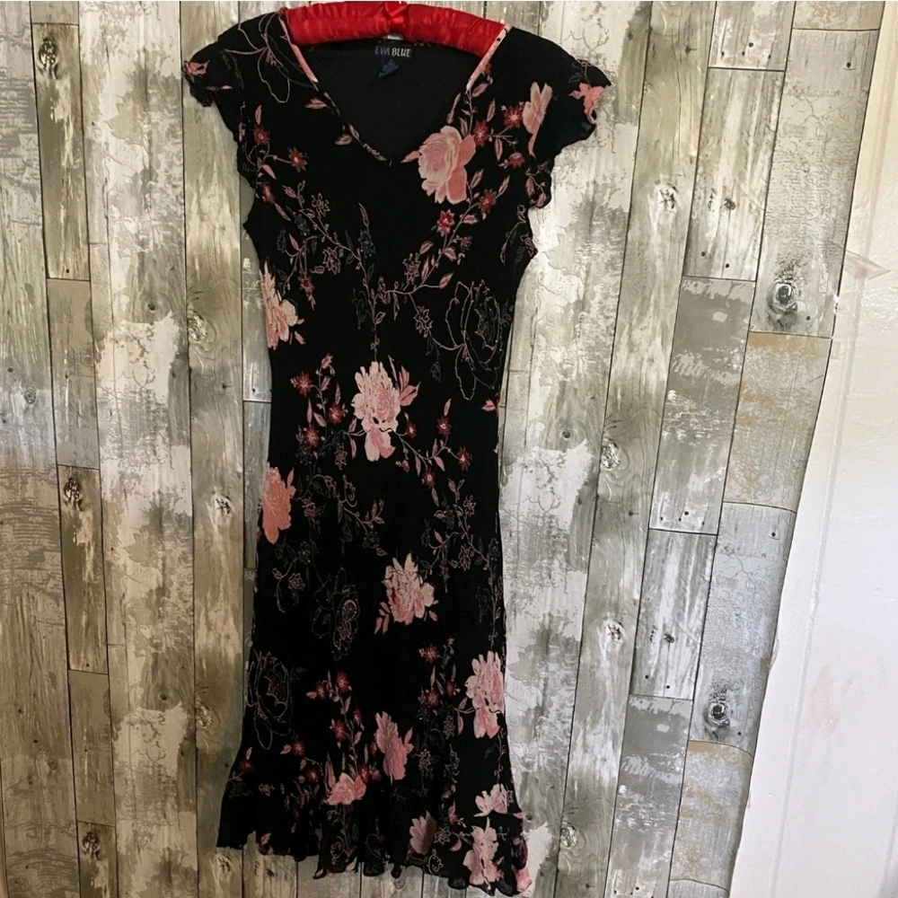 y2k black and pink floral beaded fit Vtg flare fairy Goth Whimsy dress 10 - Picture 2 of 10
